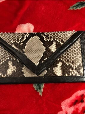Python and Leather Envelope Clutch in Black & Cream